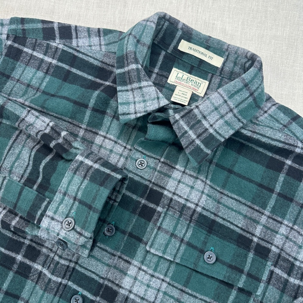 L.L. Bean Shirt Mens L Green Plaid Chamois Cloth Traditional Fit Button-down EUC